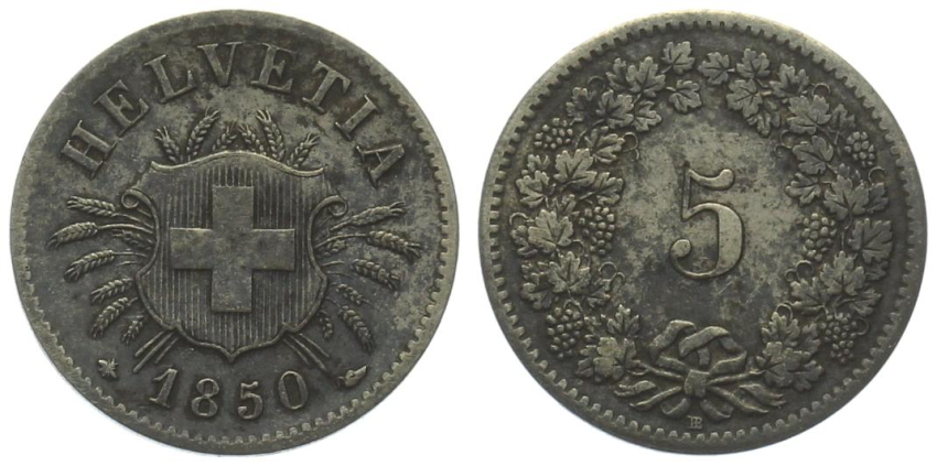 5 Rappen 1850 BB - vorzüglich, Patina